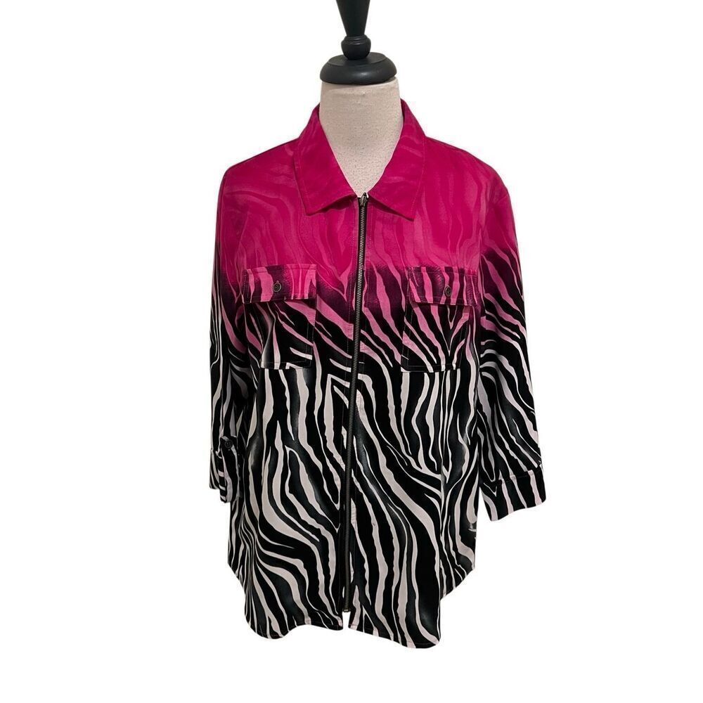 Southern Lady Womens Zebra Print Dip Dye 3/4 Sleeve Zip-up Jacket Black Pink XL